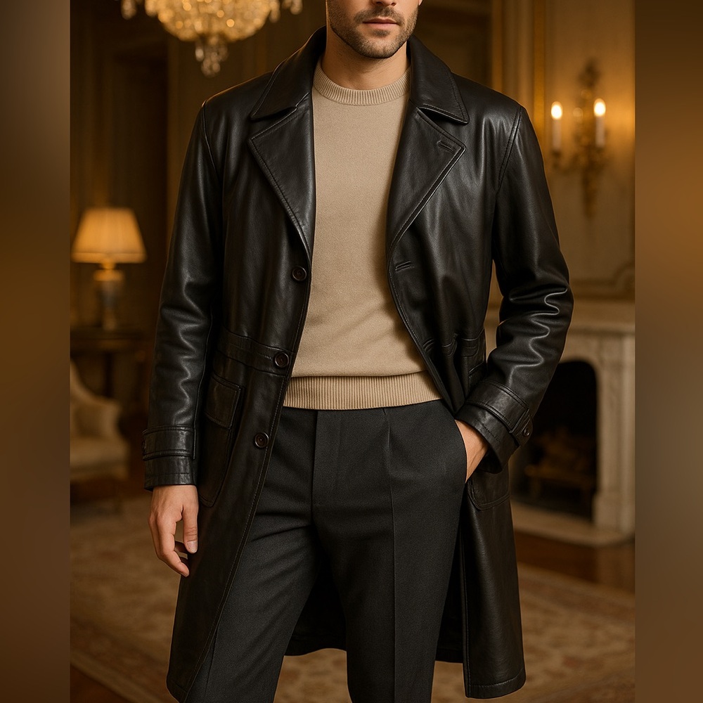Vintage Men's Deep Brown Luxury Leather Trench Coat